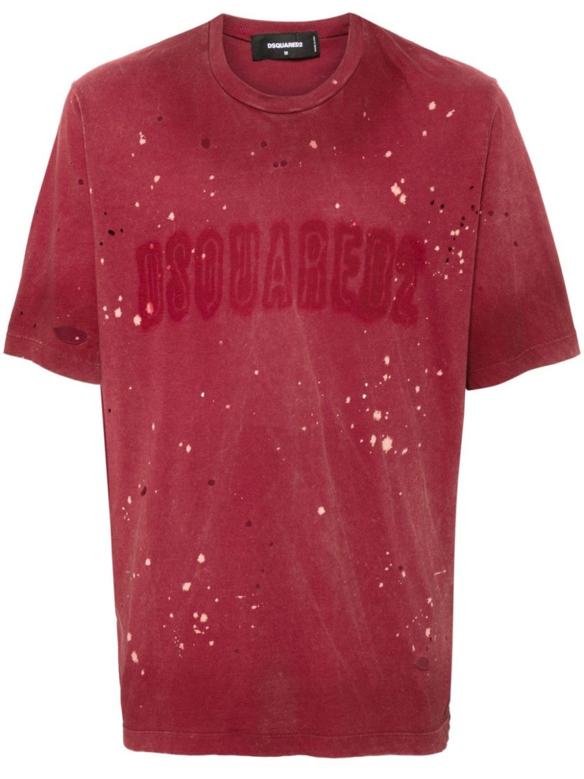 Dsquared2 Distressed Dark Red Cotton Jersey T-Shirt