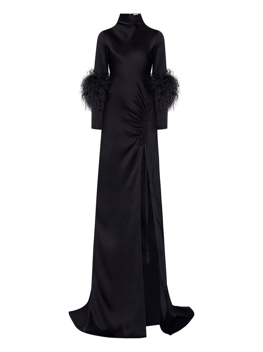 Lapointe Long High-Neck Satin Dress With Feather Details