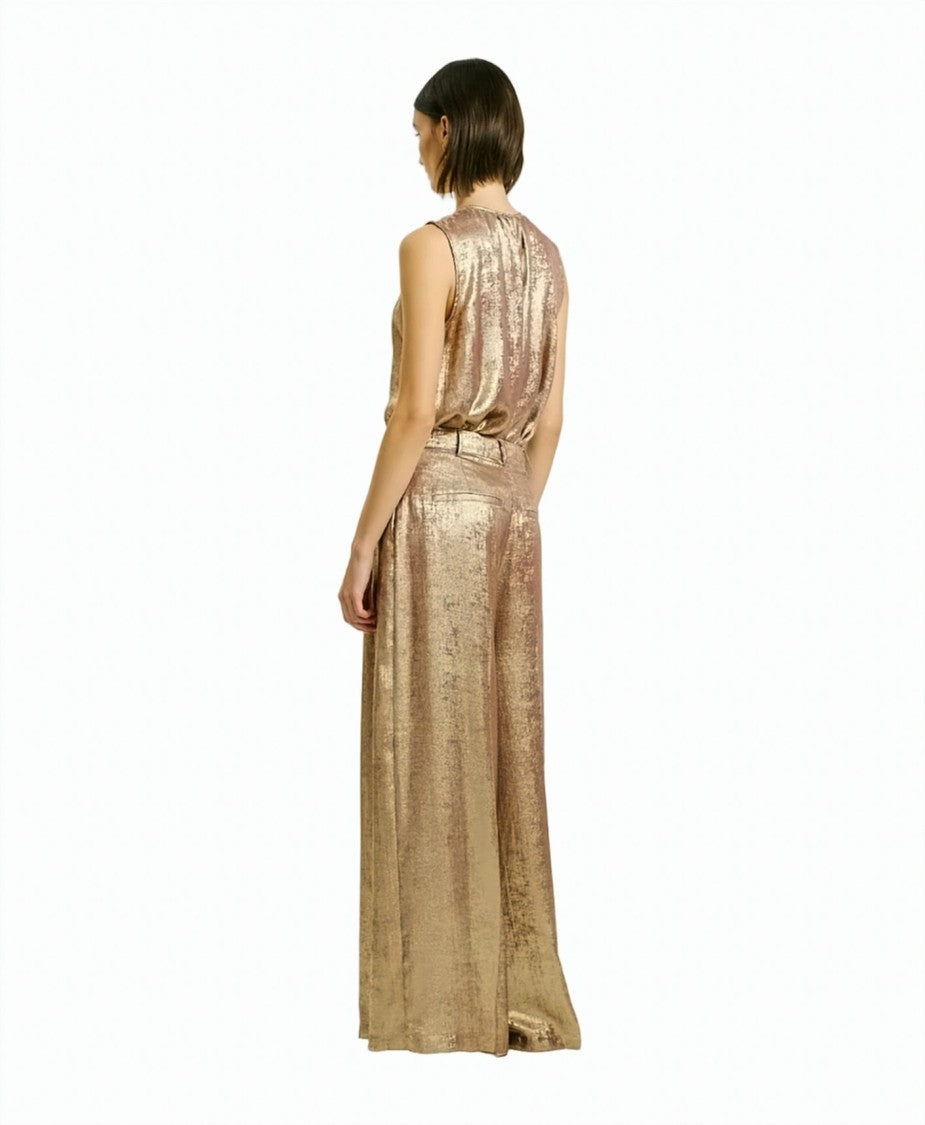 Momonì Laminated Pleated Side-Zip Wide-Leg Pants