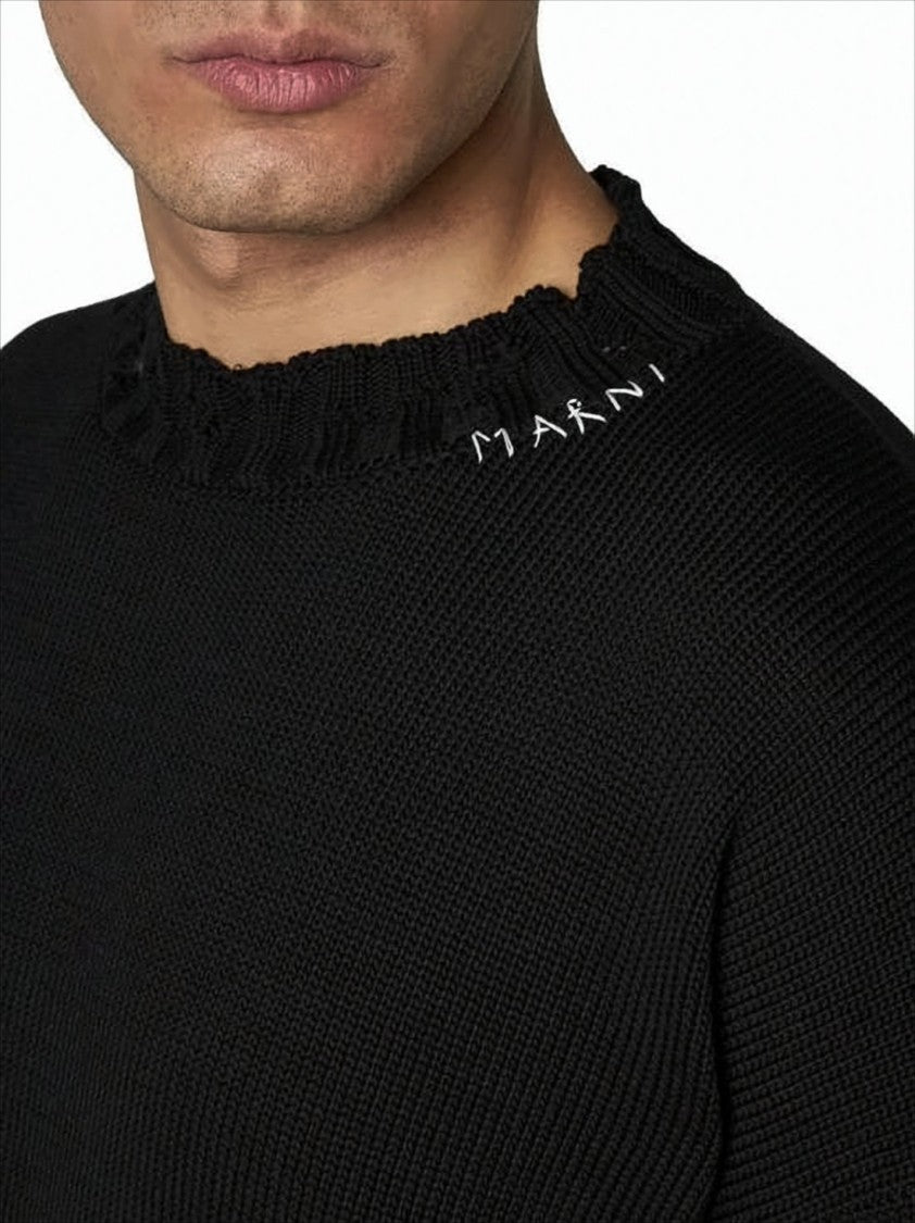 Marni Distressed Hem Black Knitted Sweater With Ribbed Neckline