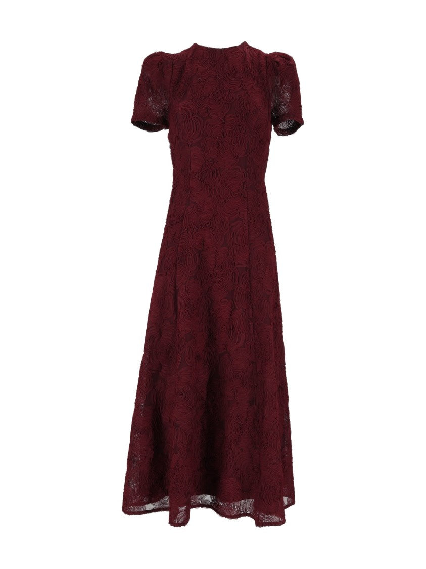 Rotate Brown Slim-Fit Floral Mesh Flared Midi Dress