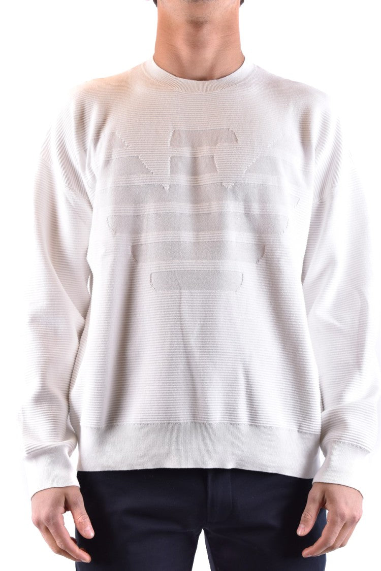 Emporio Armani White Cotton Textured Emblem Knit Sweater