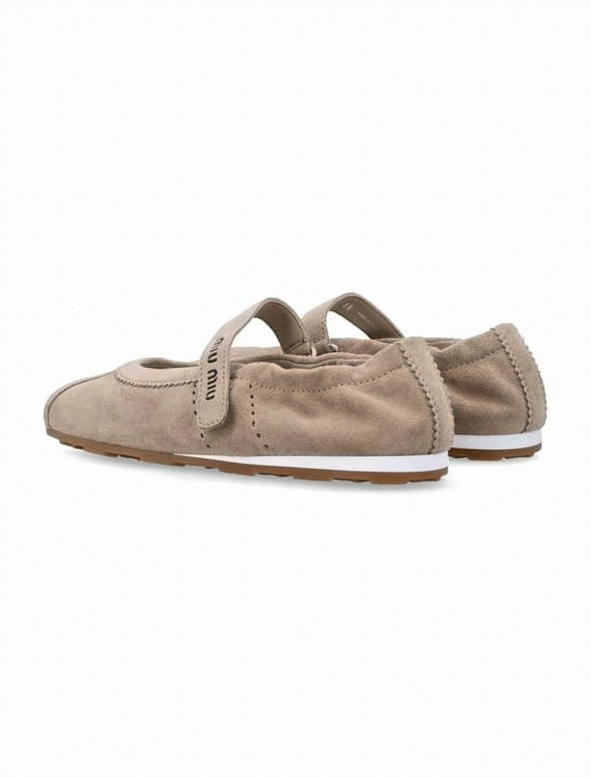 Miu Miu Suede Flat Shoes With Logo Embossed Strap