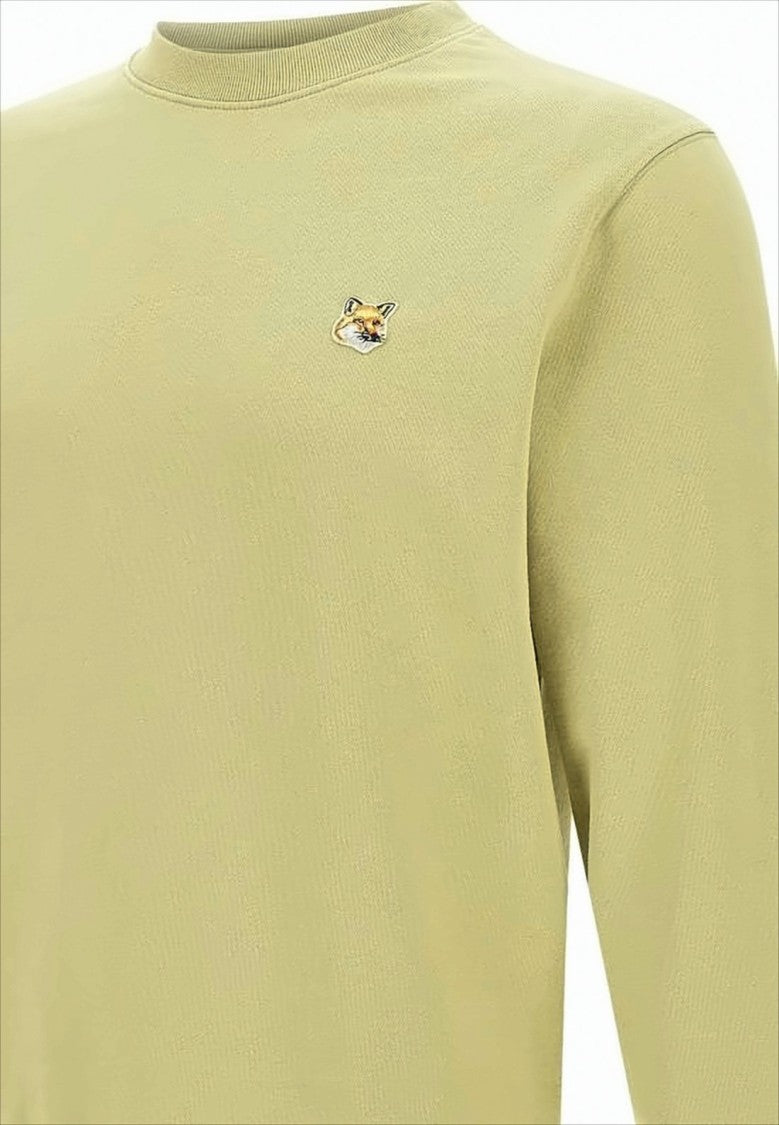 Maison Kitsuné Long-Sleeve Crewneck Sweatshirt In Light Olive With Embroidered Fox Emblem