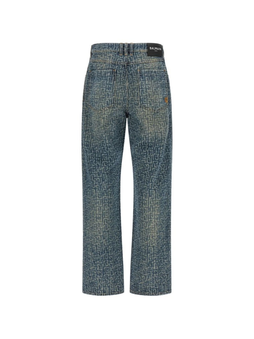 Balmain Blue Monogram Print Straight-Leg Jeans