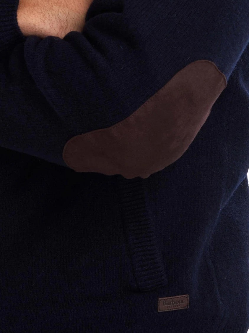 Barbour Navy Knit Button-Up Cardigan With Suede Elbow Patches