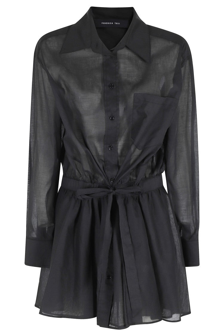Federica Tosi Black Shirt-Collar Drawstring Cotton Mini Dress