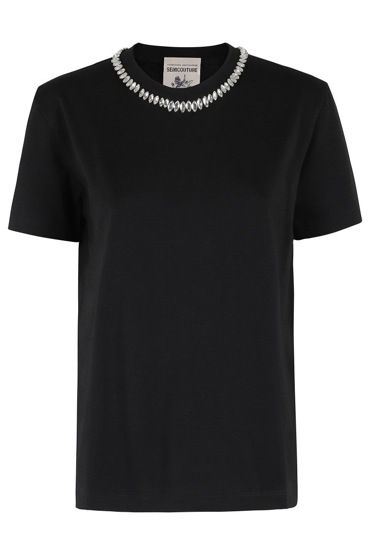 Semi Couture Black T-Shirt With Rhinestone-Trimmed Neckline