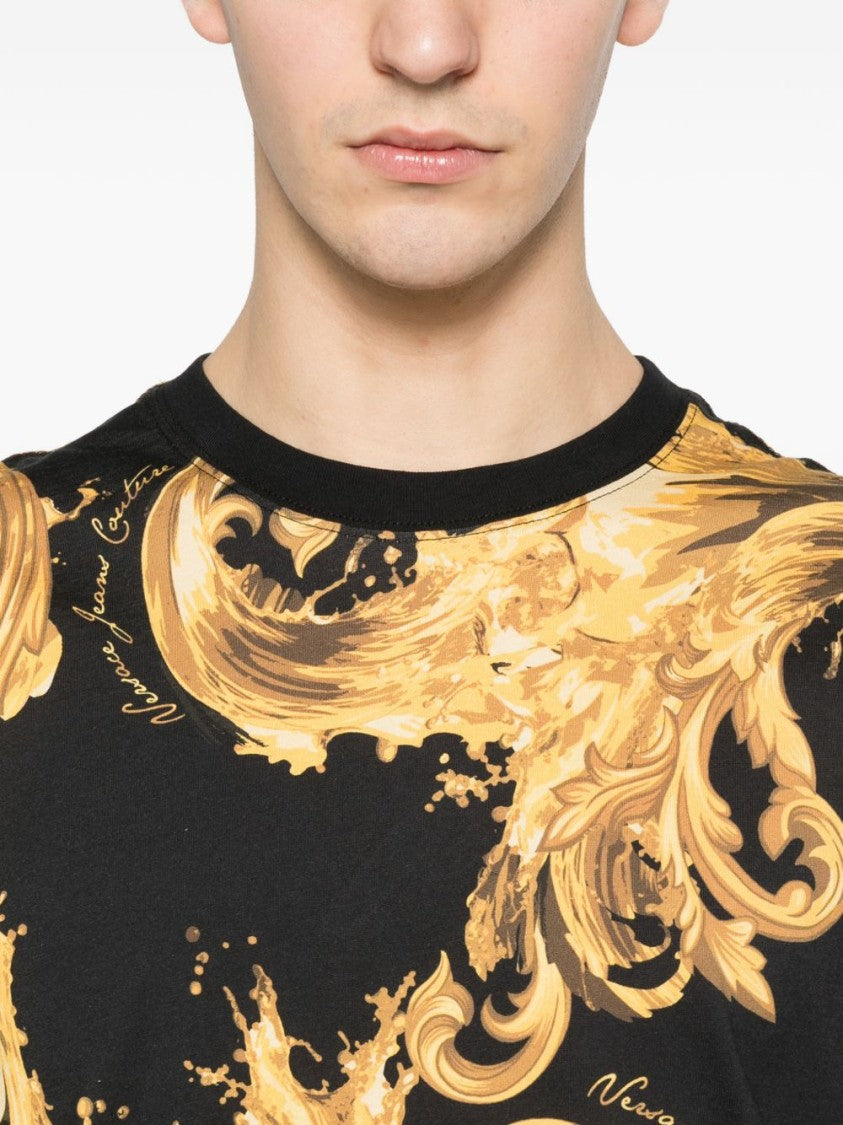 Versace Jeans Couture Baroque-Inspired Black T-Shirt With Gold Print