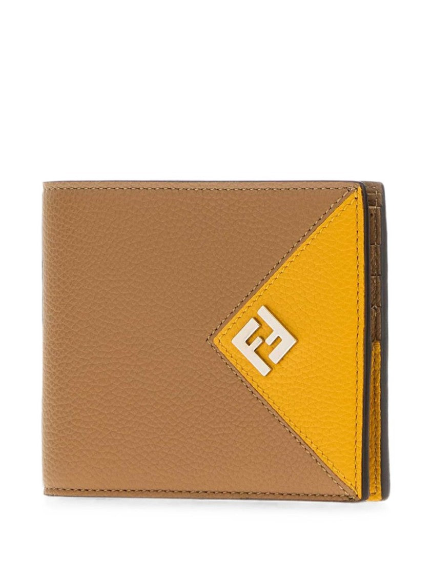 Fendi Textured Leather Bifold Wallet With Triangular Yellow Accent