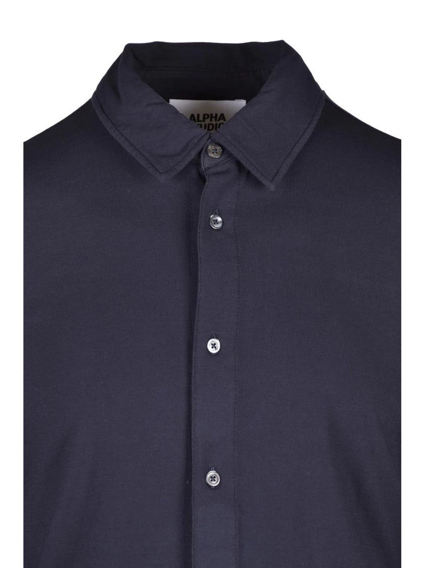Alpha Studio Navy Blue Cotton Elastane Men Shirt