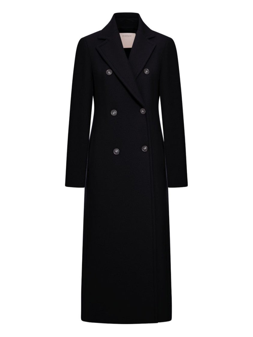 Sportmax Long Double-Breasted Black Coat With Structured Shoulders And Belt Detail