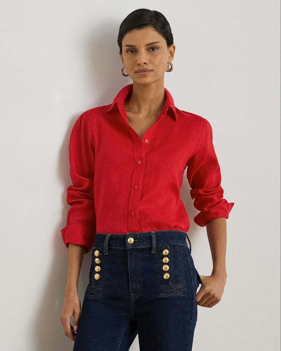Lauren Ralph Lauren Red Tissue Linen Button Shirt