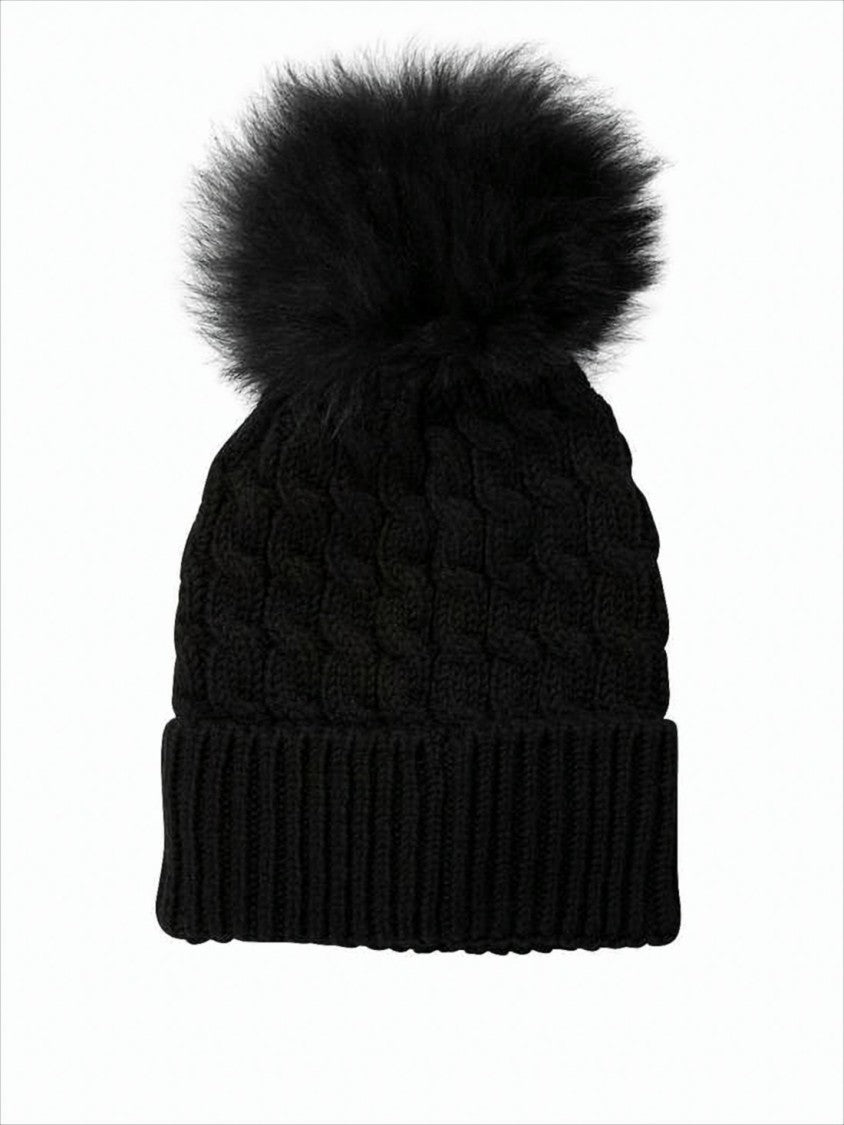 Moncler Textured Cable Knit Beanie With Fluffy Pom-Pom And Embroidered Logo
