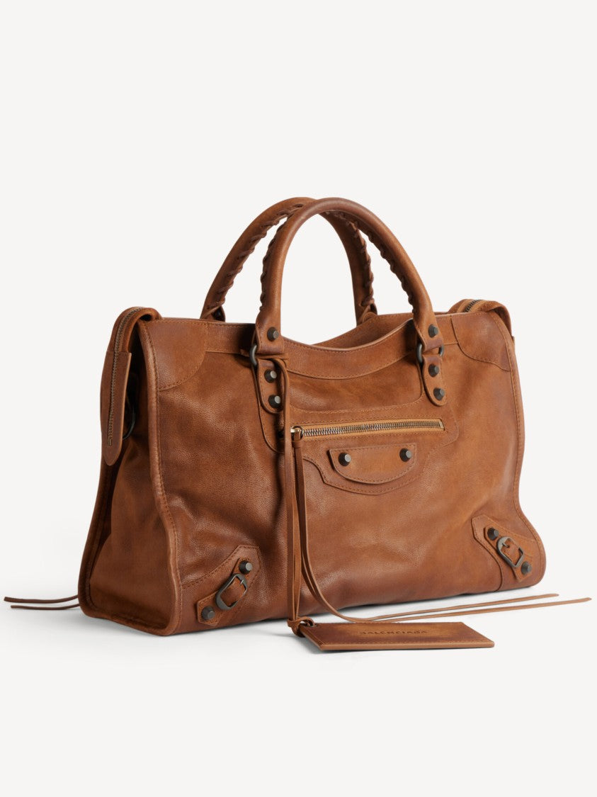 Balenciaga Rectangular Brown Leather Le City Bag With Braided Handles