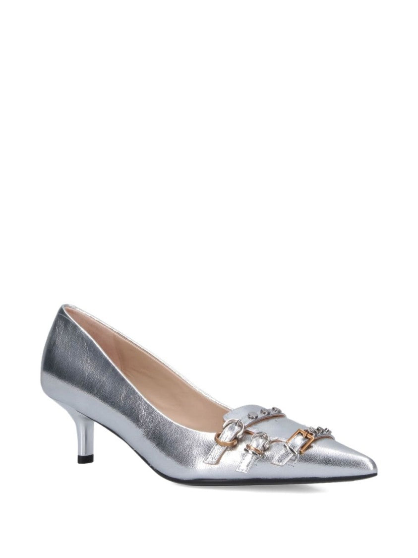 Pinko Pointed-Toe Silver Pump With Kitten Heel And Buckle Straps