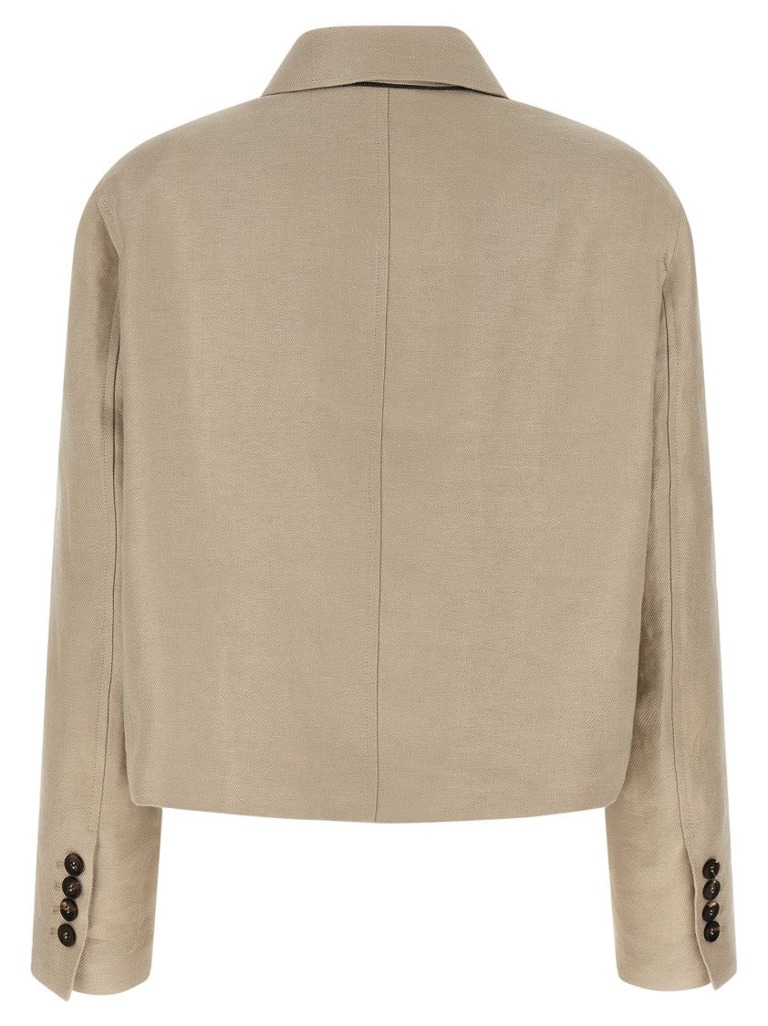 Brunello Cucinelli Cropped Linen Blazer With Contrasting Button Closure