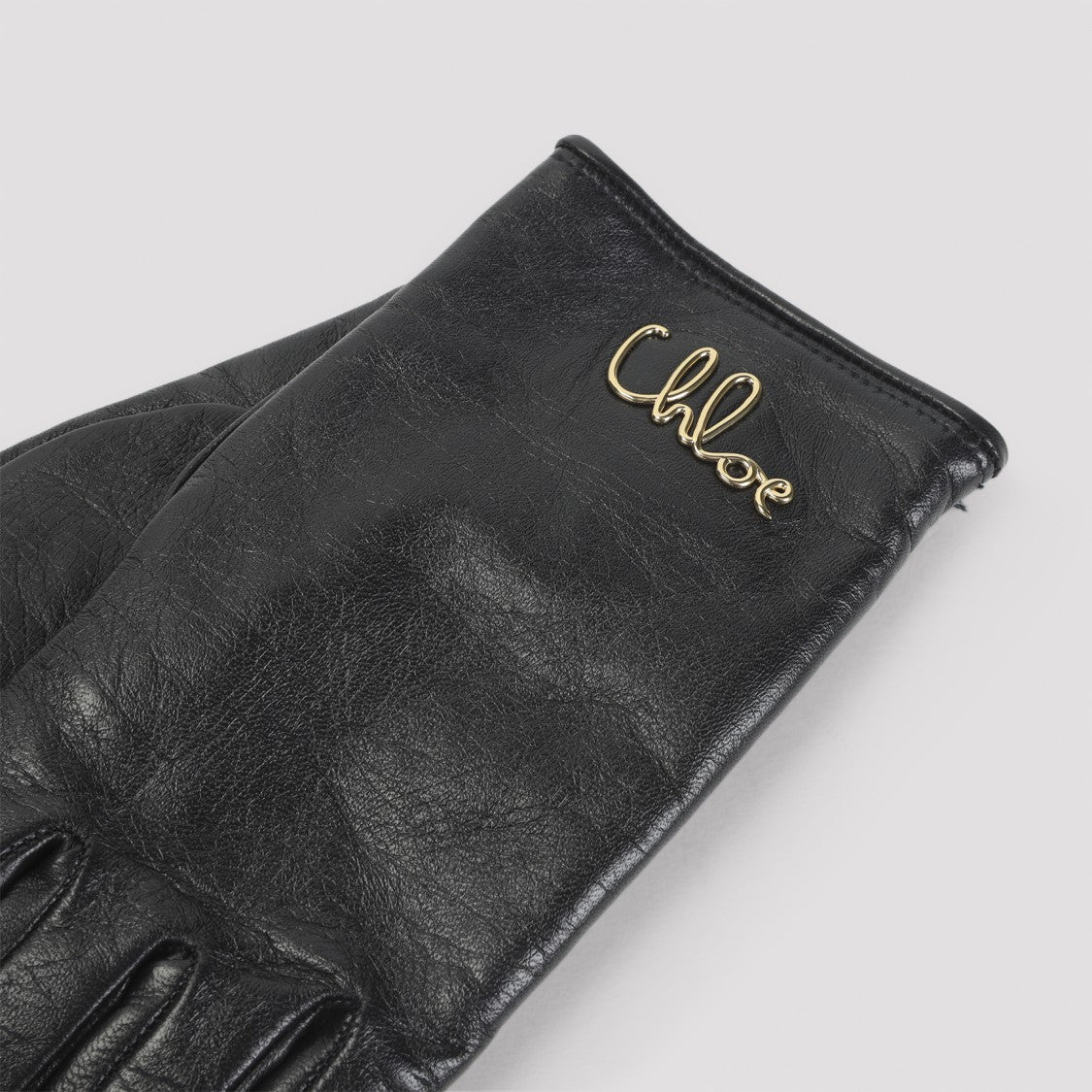 Chloé Black Lamb Leather Gloves With Brass Logo Detail