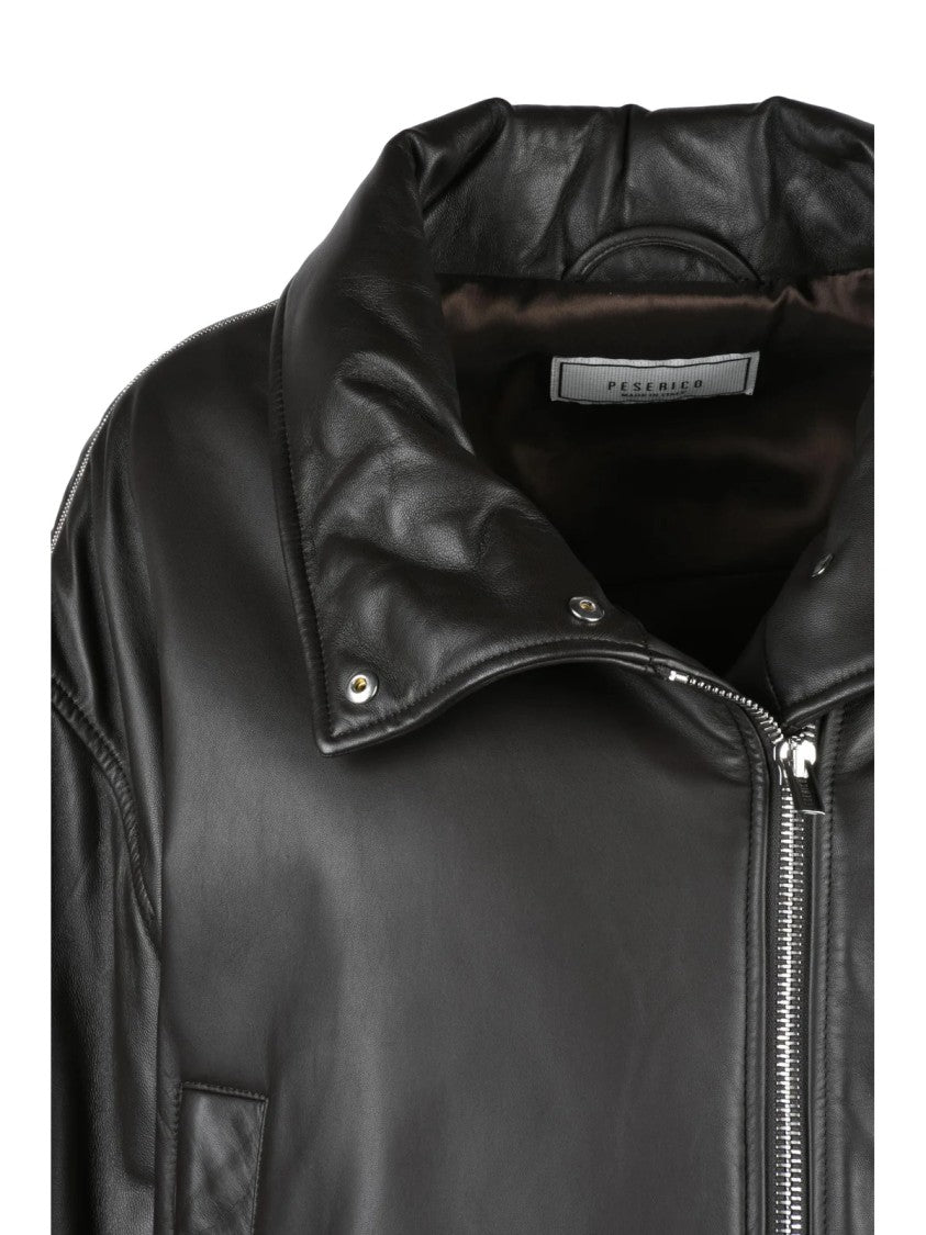 Peserico Brown Cropped Biker Jacket With Structured Silhouette And Iconic Details