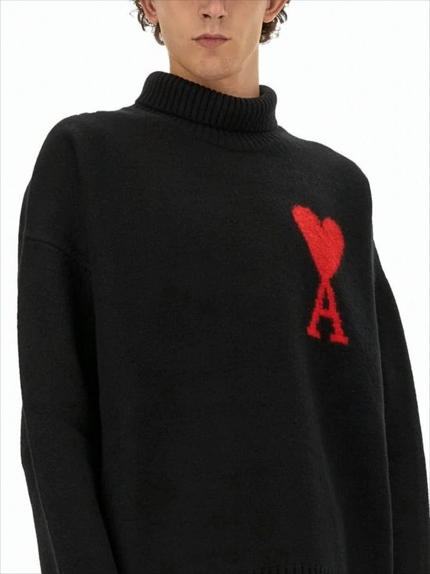 Ami Relaxed Fit Black Wool Turtleneck Sweater With Graphic Heart Motif