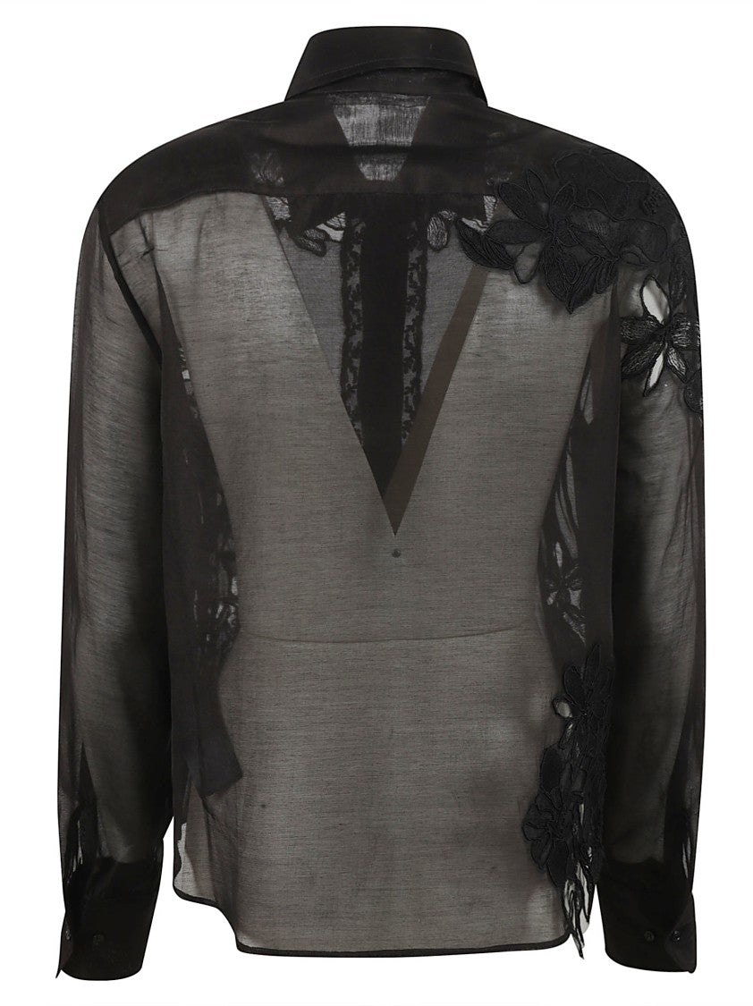 Ermanno Scervino Sheer Black Shirt With Floral Embroidery
