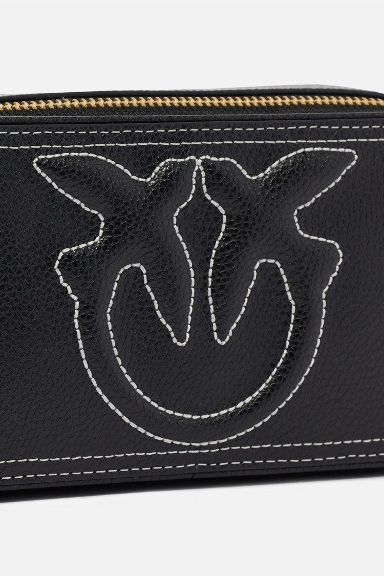 Pinko Black Contrast-Stitched Love Birds Logo Leather Shoulder Bag
