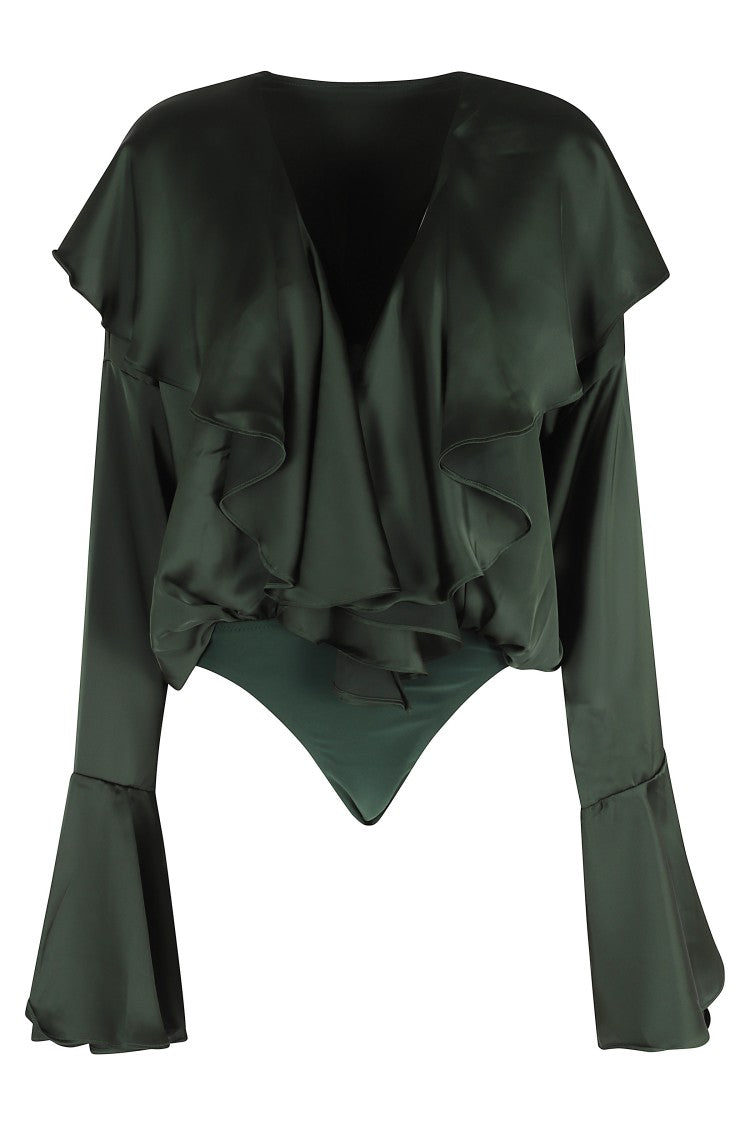 Norma Kamali Green Long Sleeve Deep V Ruffle Flounce Polyester Bodysuit