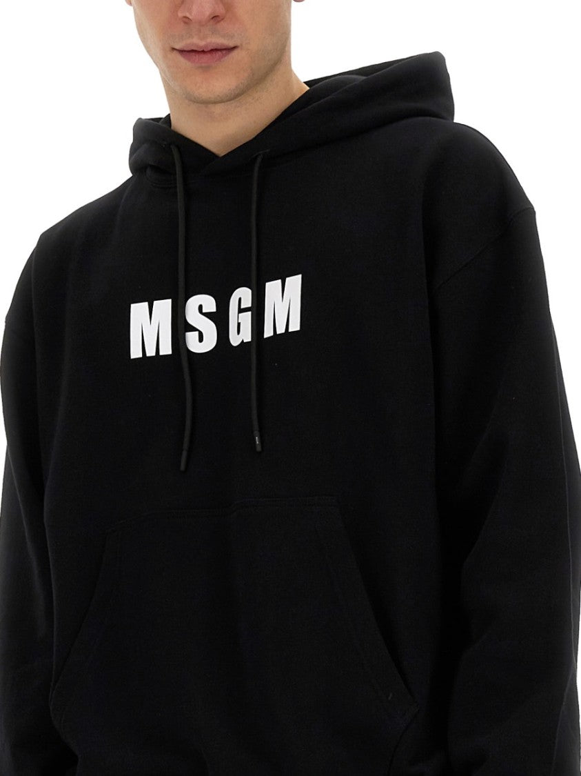 Msgm Black Logo Sweatshirt With Kangaroo Pocket