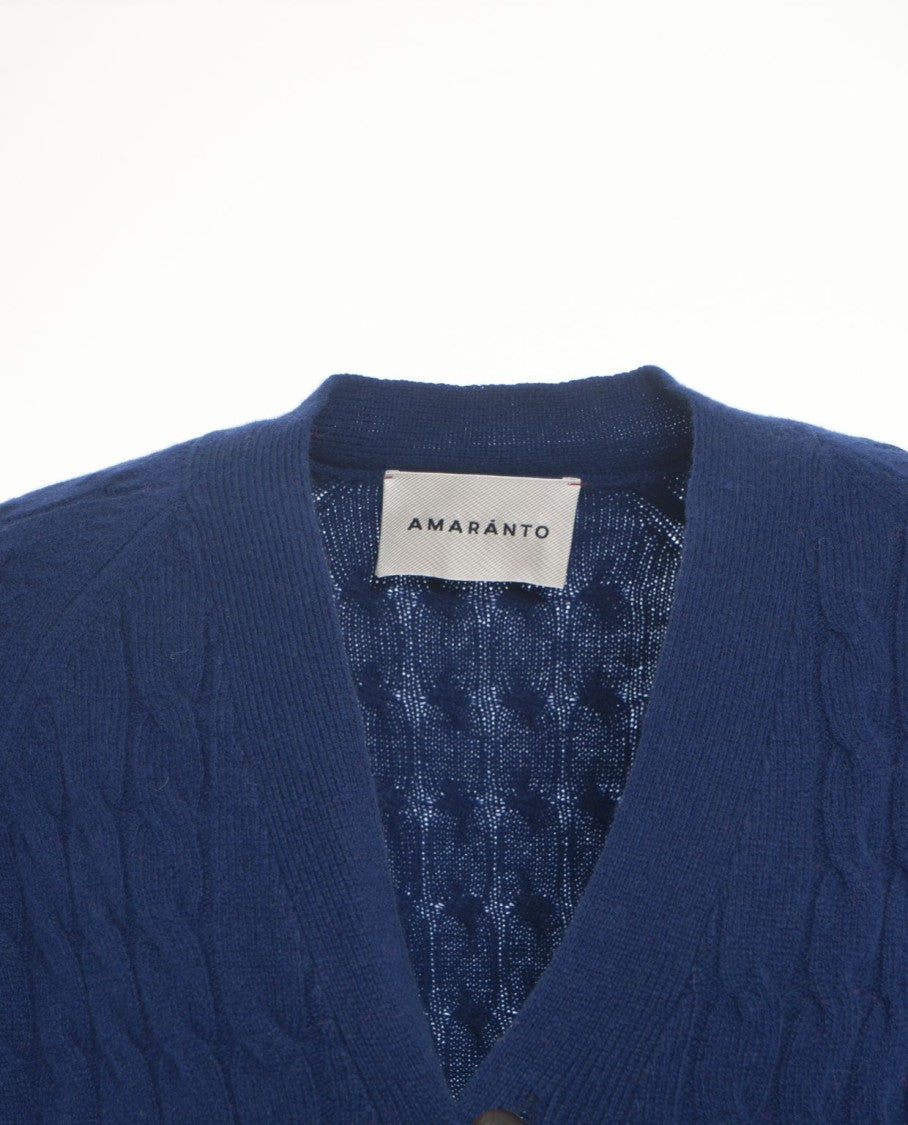 Amaranto Classic Blue Cable Knit Cardigan With V-Neck And Button Closure