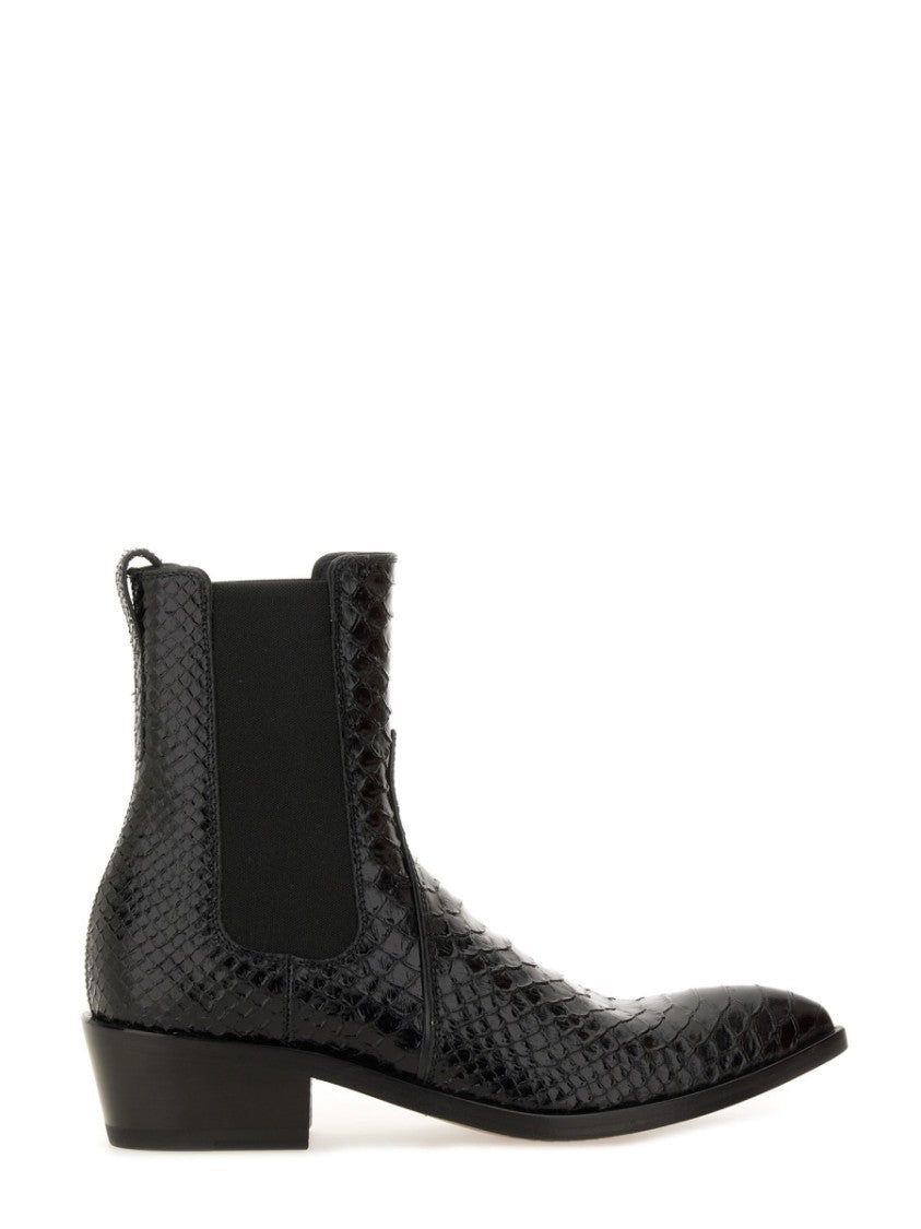Tom Ford Pointed Toe Leather Ankle Boot With Snakeskin Finish