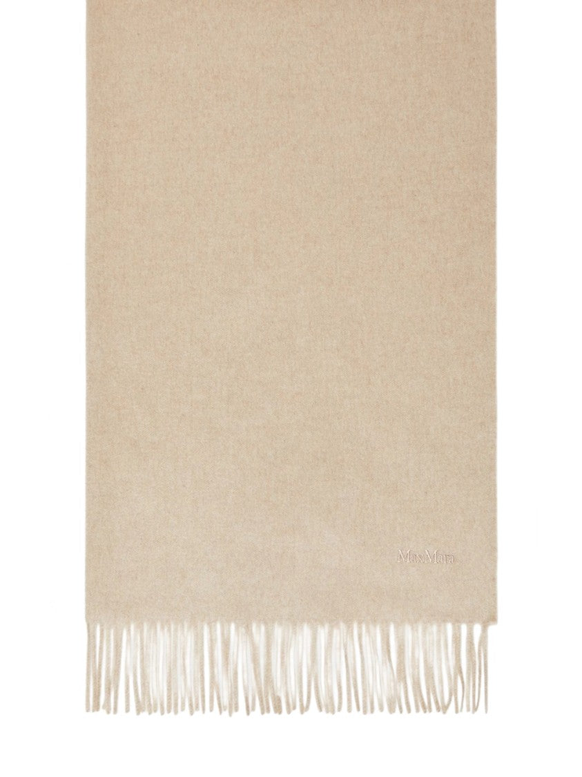 Max Mara Neutral Cashmere Fringed Logo Scarf