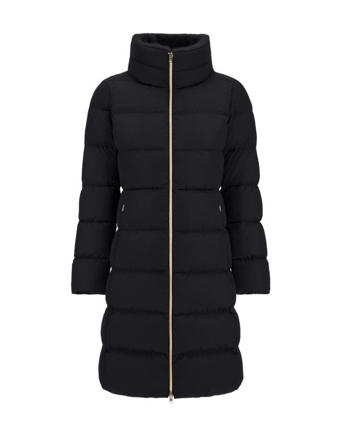 Herno Satin Long Coat With Faux Fur High Collar