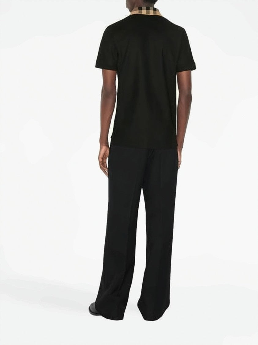 Burberry Classic Black Cotton Polo Shirt With Beige Check Collar