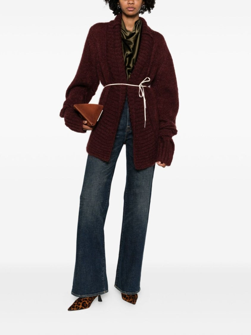Dries Van Noten Burgundy V-Neck Oversized Cardigan With Layered Sleeves