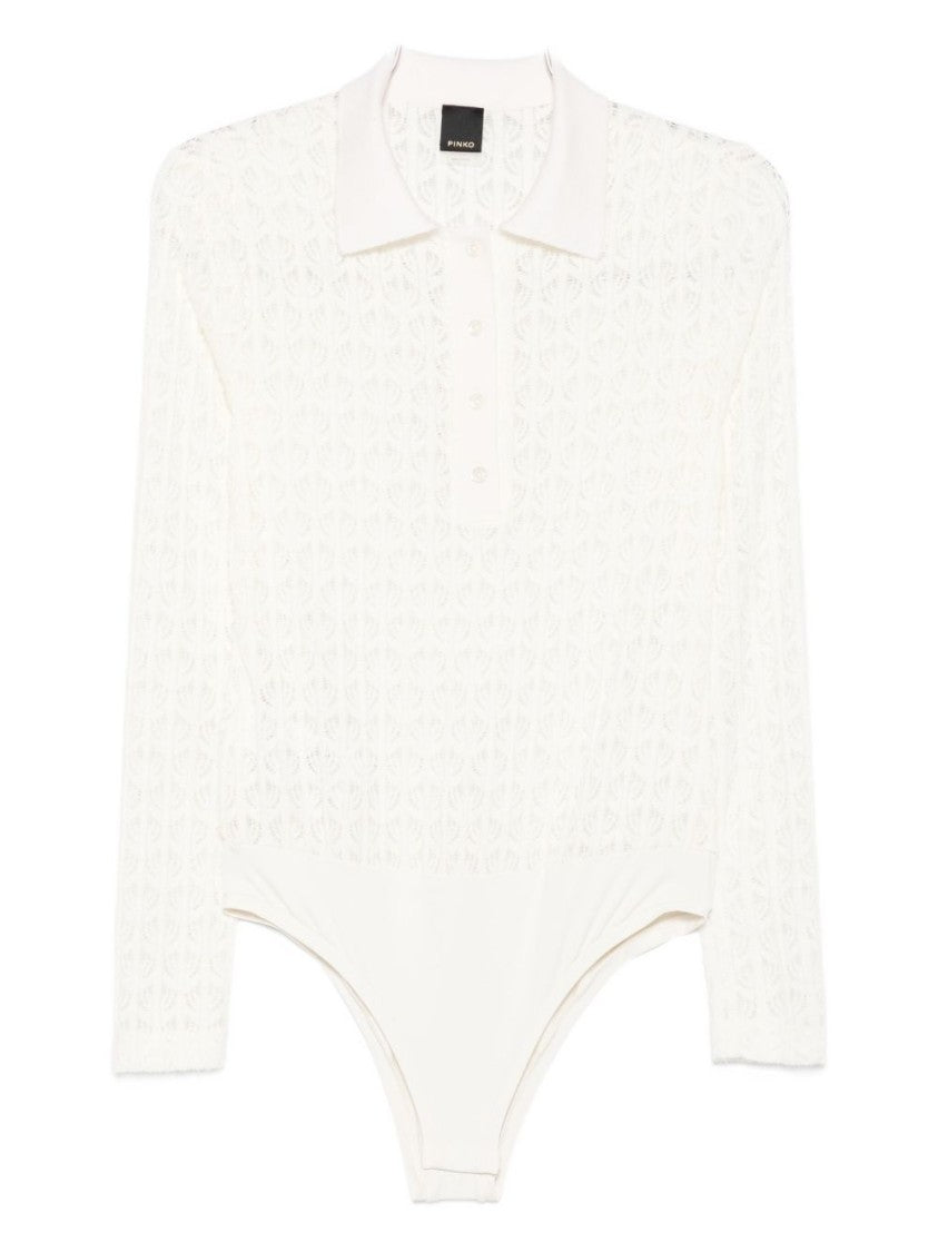 Pinko Intricate Lace Panel Bodysuit With Polo Collar
