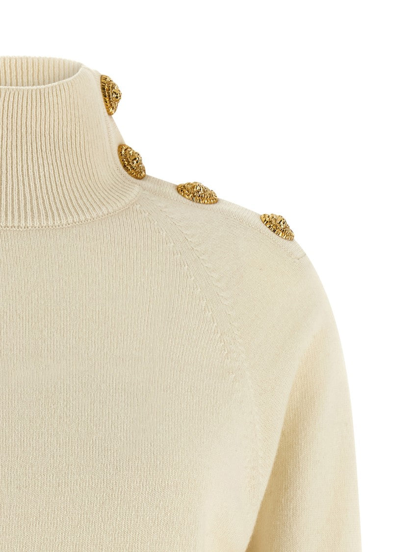 Balmain Cashmere Wool Sweater With High Neck And Lion Head Button Detail