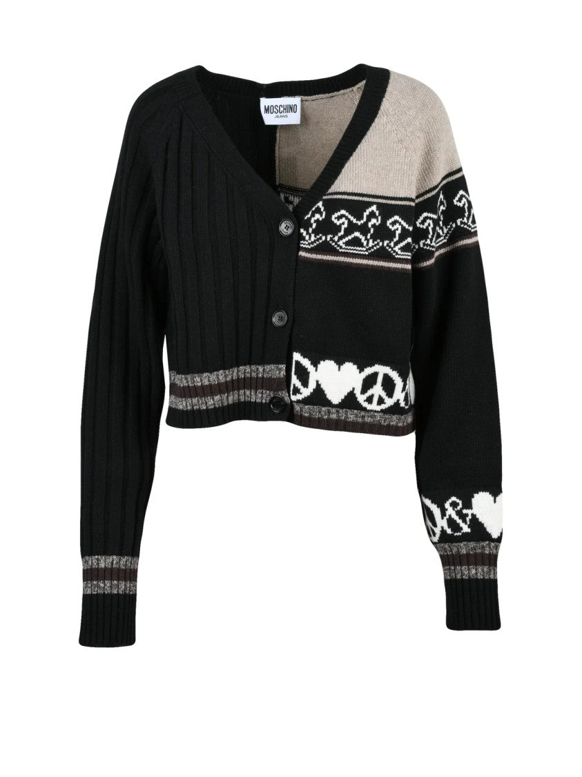Mo5ch1no Jeans Black-Beige Wool-Blend Short Cardigan