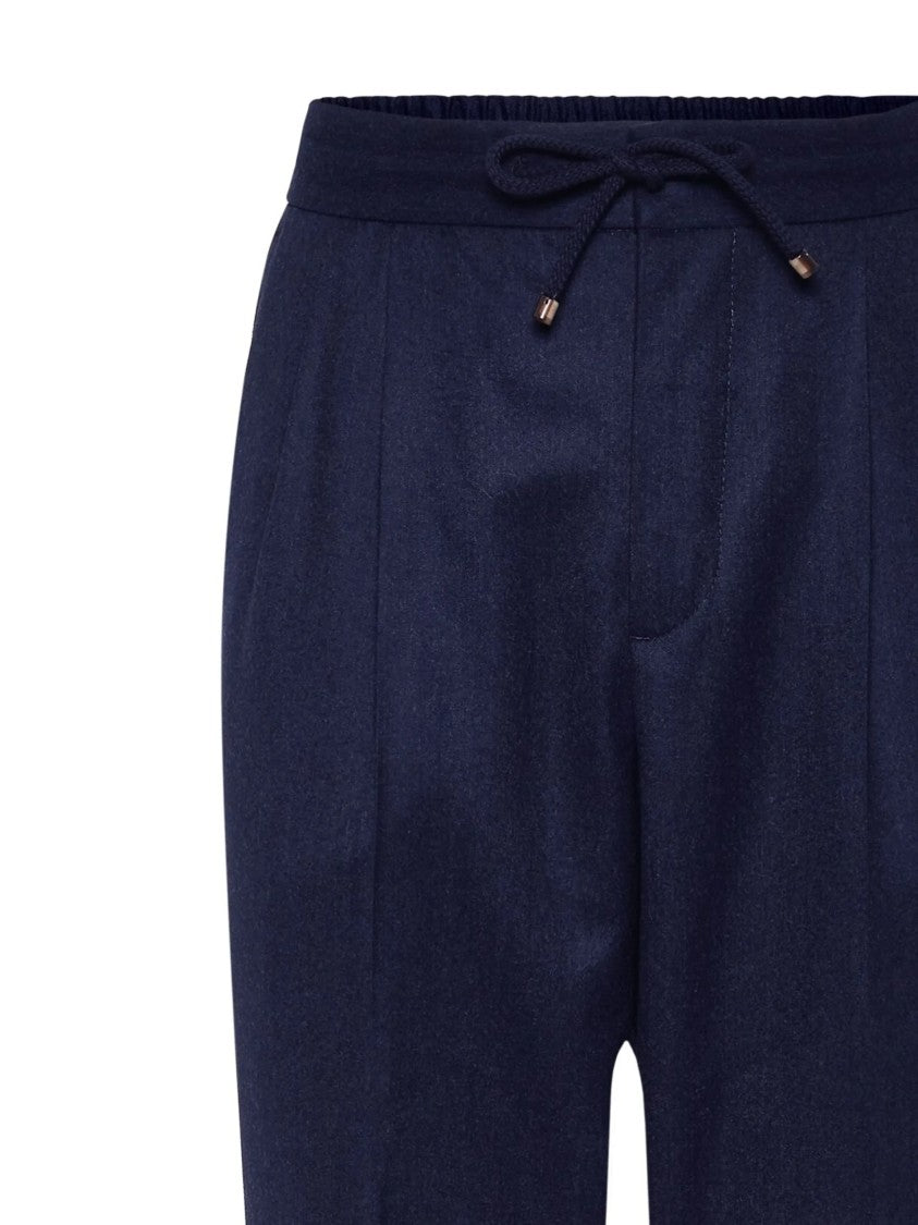 Brunello Cucinelli Blue Wool Relaxed Front Pleated Pants