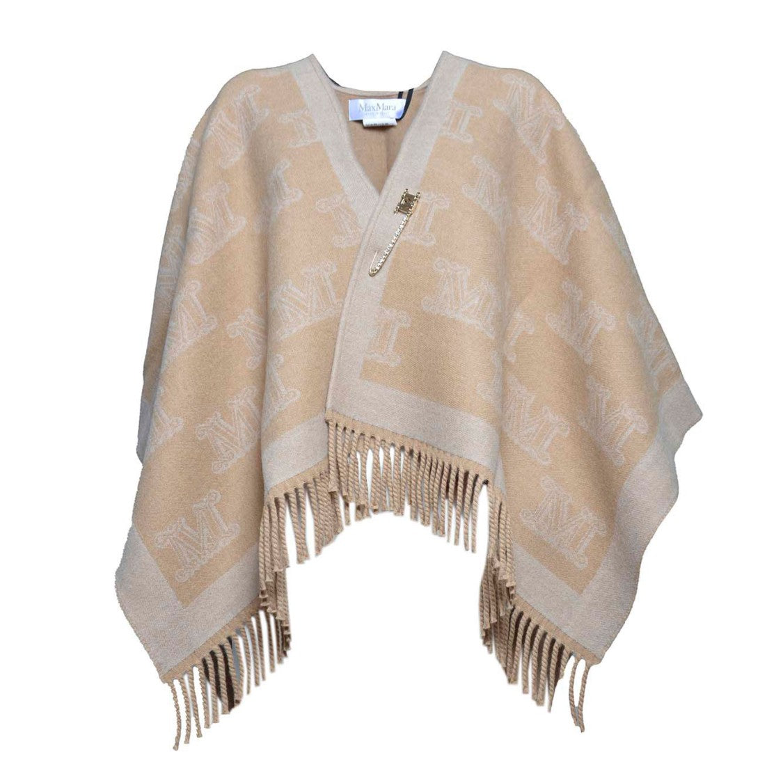 Max Mara Frine Poncho In Camel Jacquard Virgin Wool