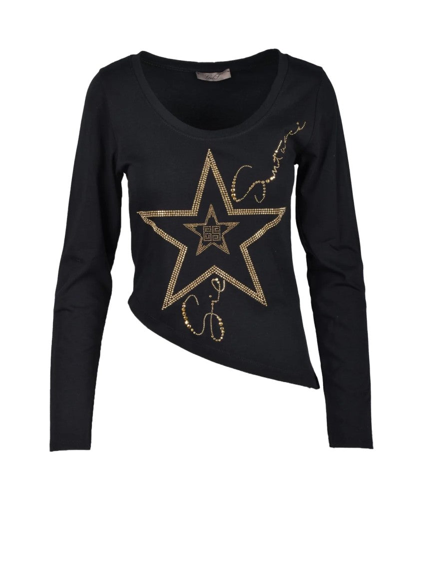 Gil Santucci Black Asymmetrical Hem Star Graphic Stretch Cotton Top