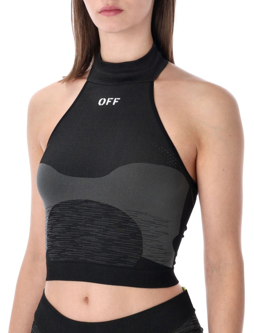 Off-White Halter-Neck Active Top With Jacquard Detailing