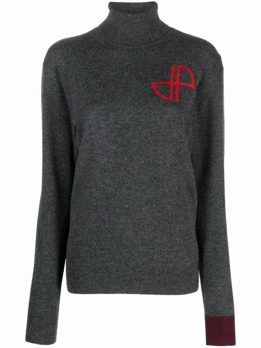 Patou Charcoal Grey Cashmere-Wool Blend Turtleneck Sweater With Burgundy Accents