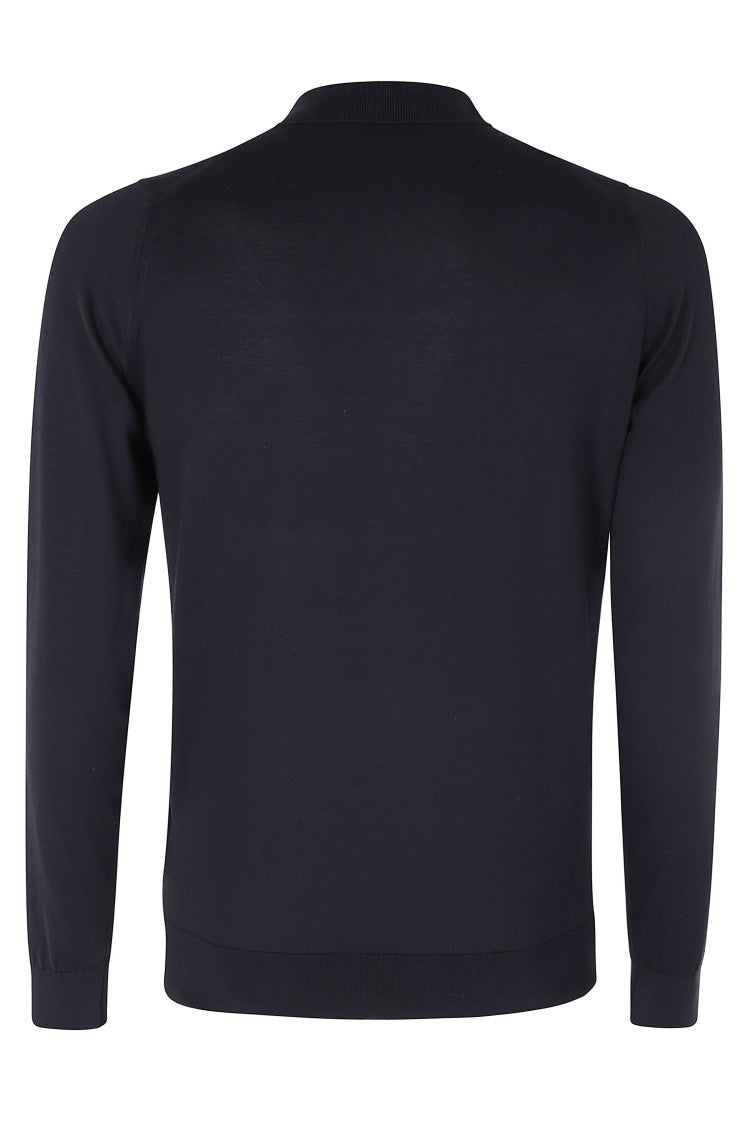 John Smedley Navy Blue Button-Down Collar Long-Sleeve Cotton Polo Shirt