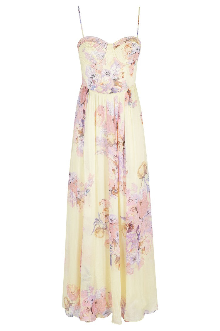 Hemant & Nandita Yellow Kysha Corsetted Floral Viscose Maxi Dress