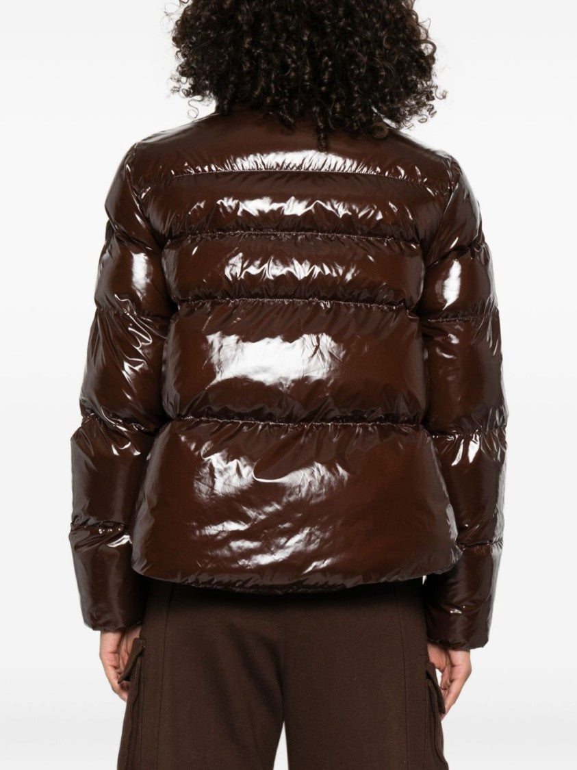 Pinko Quilted Brown Coat With High-Shine Finish And Funnel Neck