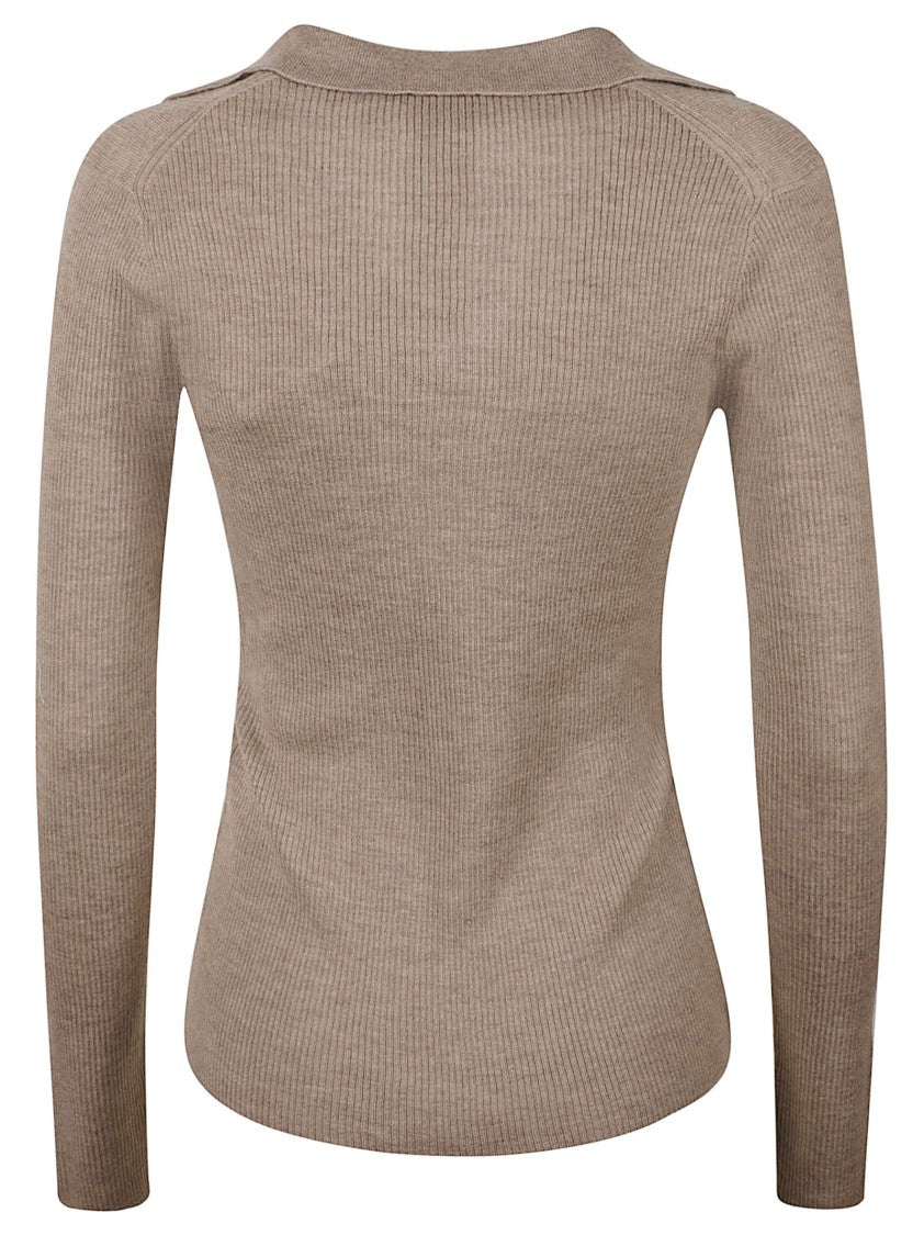 Max Mara Ribbed Knit Top With Subtle Collar And Deep V-Neckline