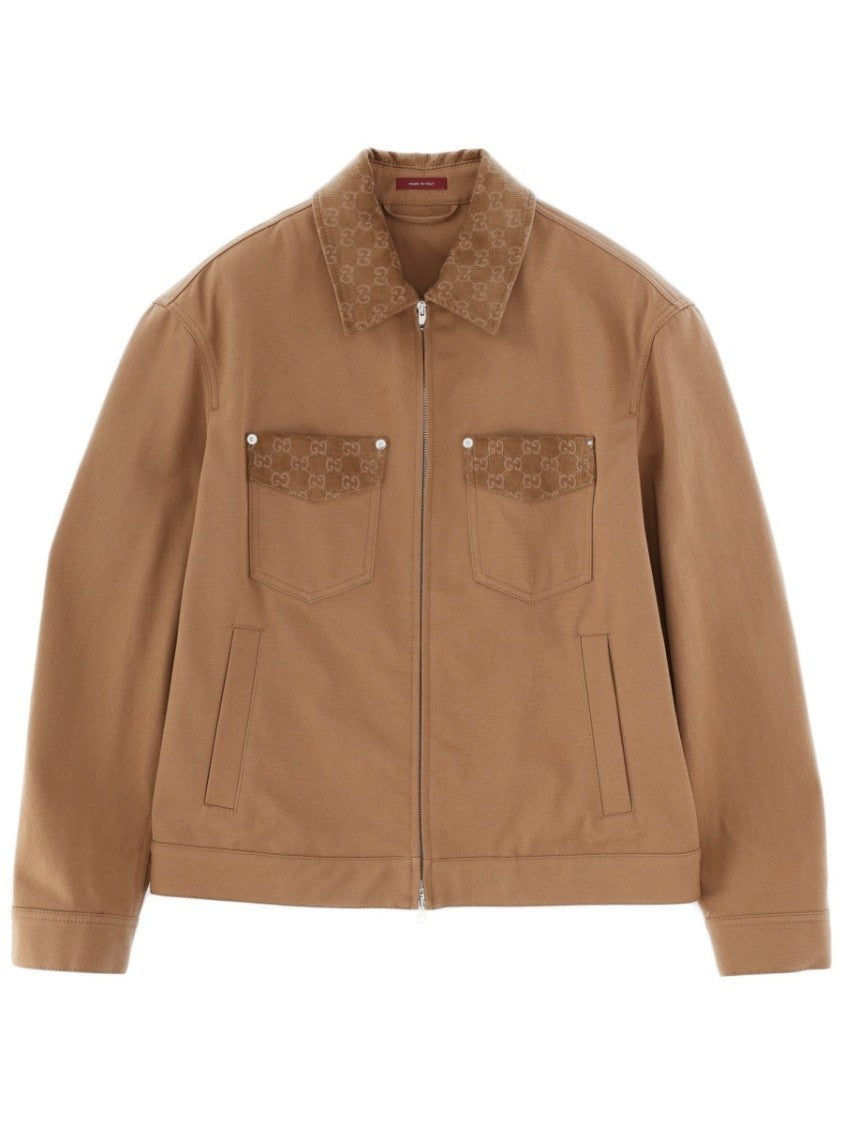 Gucci Brown Cotton Jacket With Zipper And Structured Collar