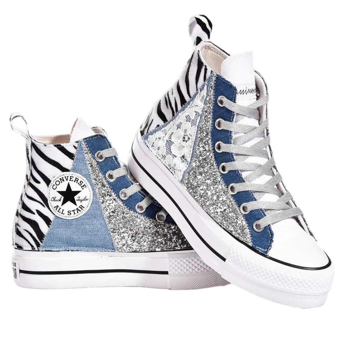 Converse Blue Handmade Zebra Lace Glitter Sneakers