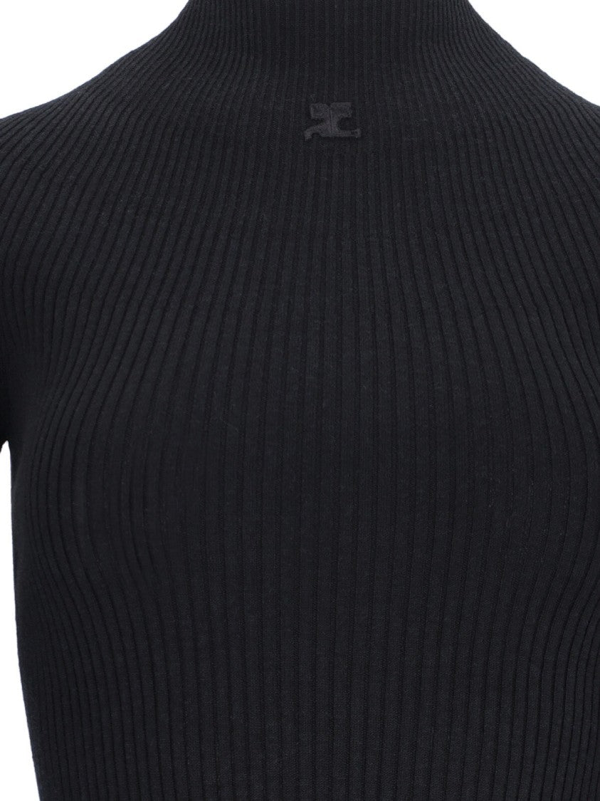 Courrèges High-Neck Sweater In Black Cotton And Wool Blend