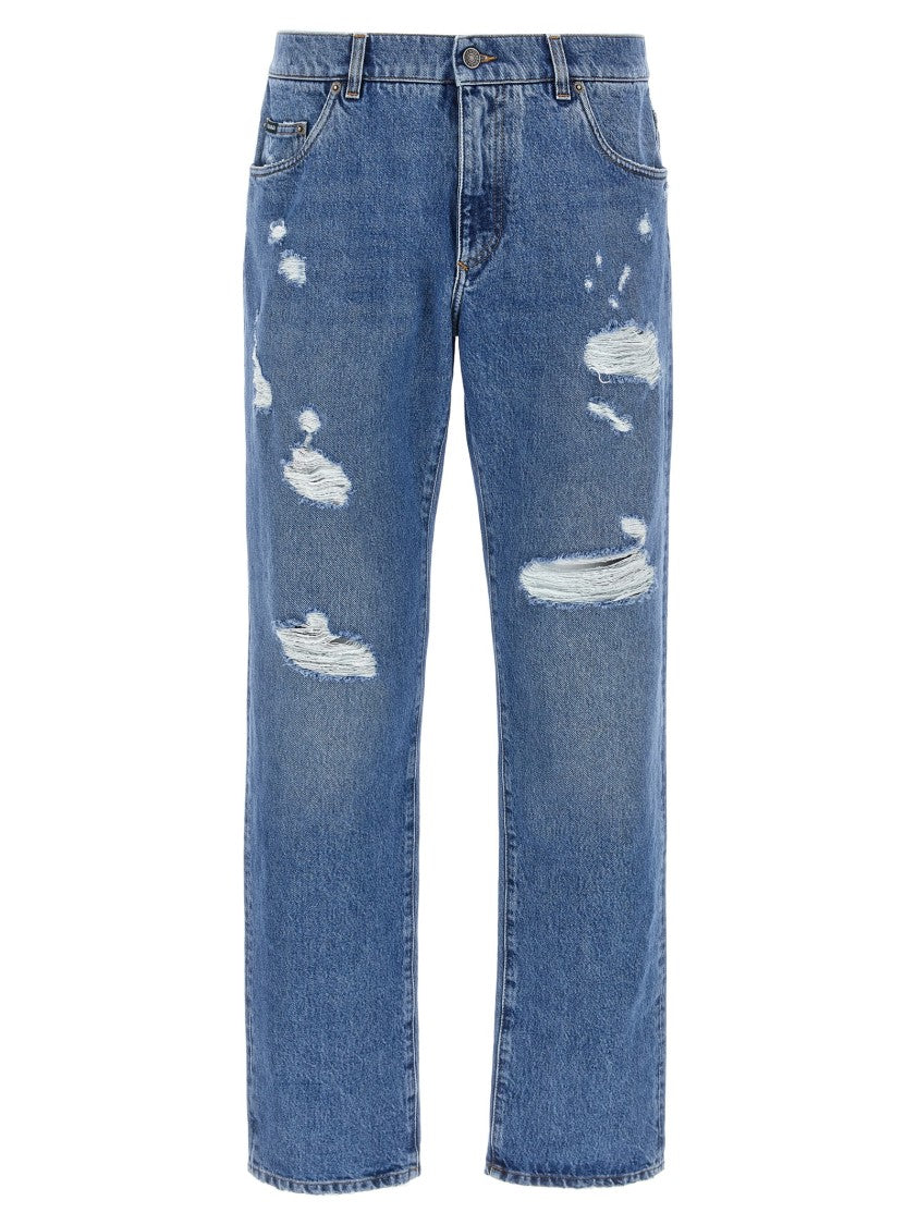 Dolce & Gabbana Distressed Blue Denim Jeans With Logo Embroidery